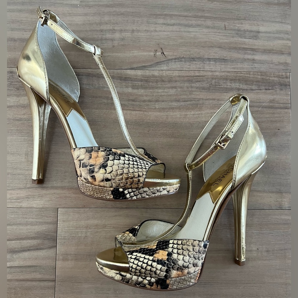 New-MK Michael Kors Brenna strap stiletto sandal Gold snake-7.5